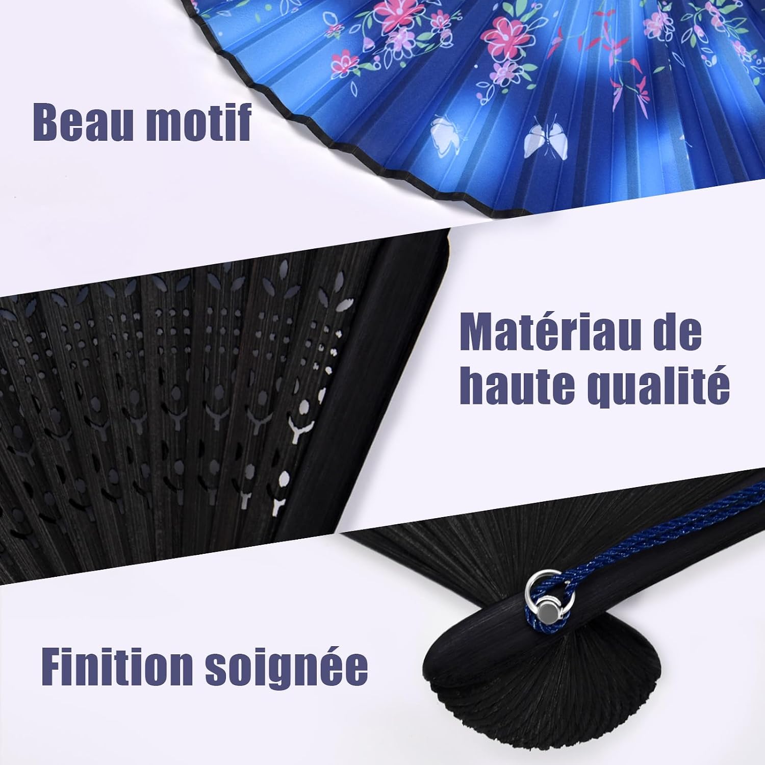 Detalle de WEARXI Eventail – Lot de 4 éventails à main en bois et soie, pliants, décoratif