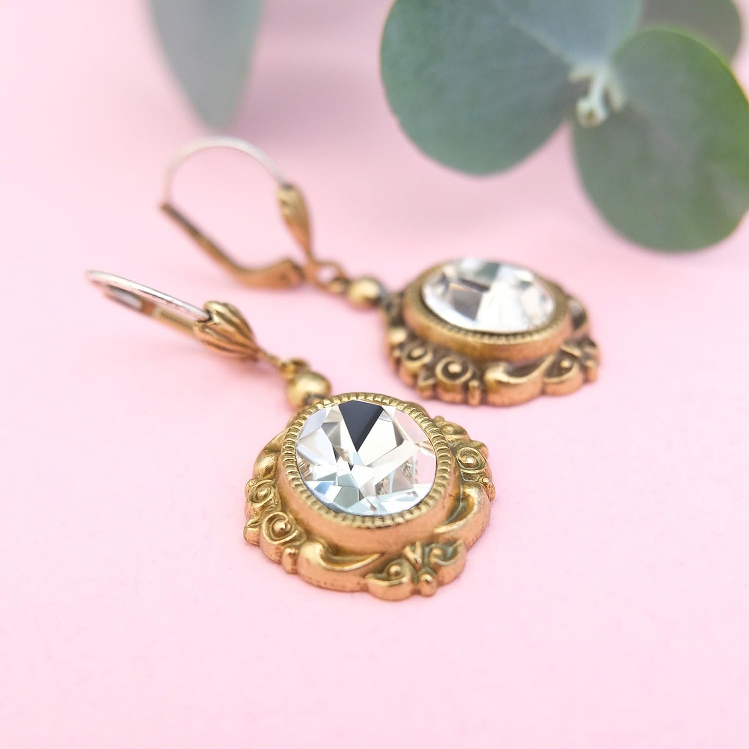 Thumbnail 3 de Vintage Ohrringe Gold Marken Kristalle Ovalschliff – Antik vergoldet, Made in Germany
