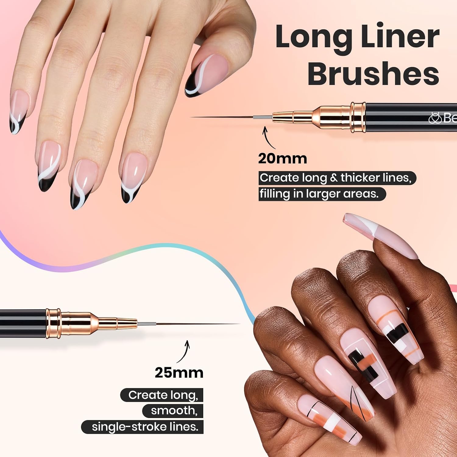 Detalle 1 de Beetles Liner Brushes for Nails (5pcs) — Metallic Nail Art Liner Pens, 5 Lengths for Fine Lines
