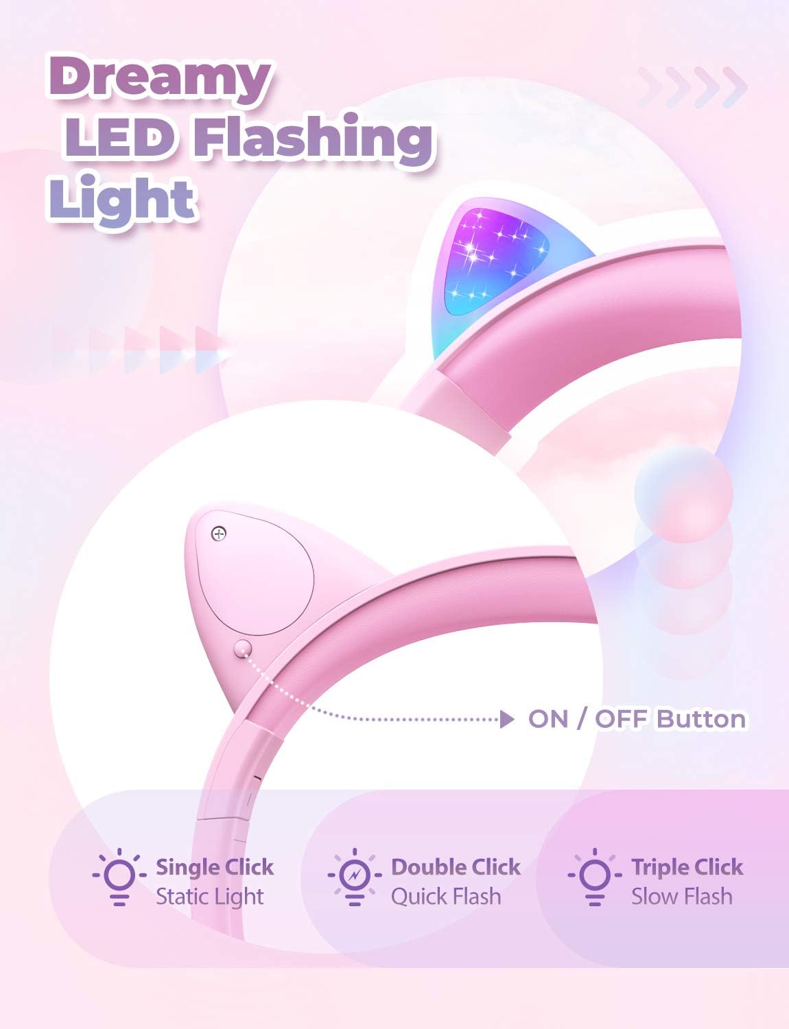 Thumbnail 1 de iClever Kids Headphones with Cat Ear LED Light Up: Safe, Shareable, and Foldable