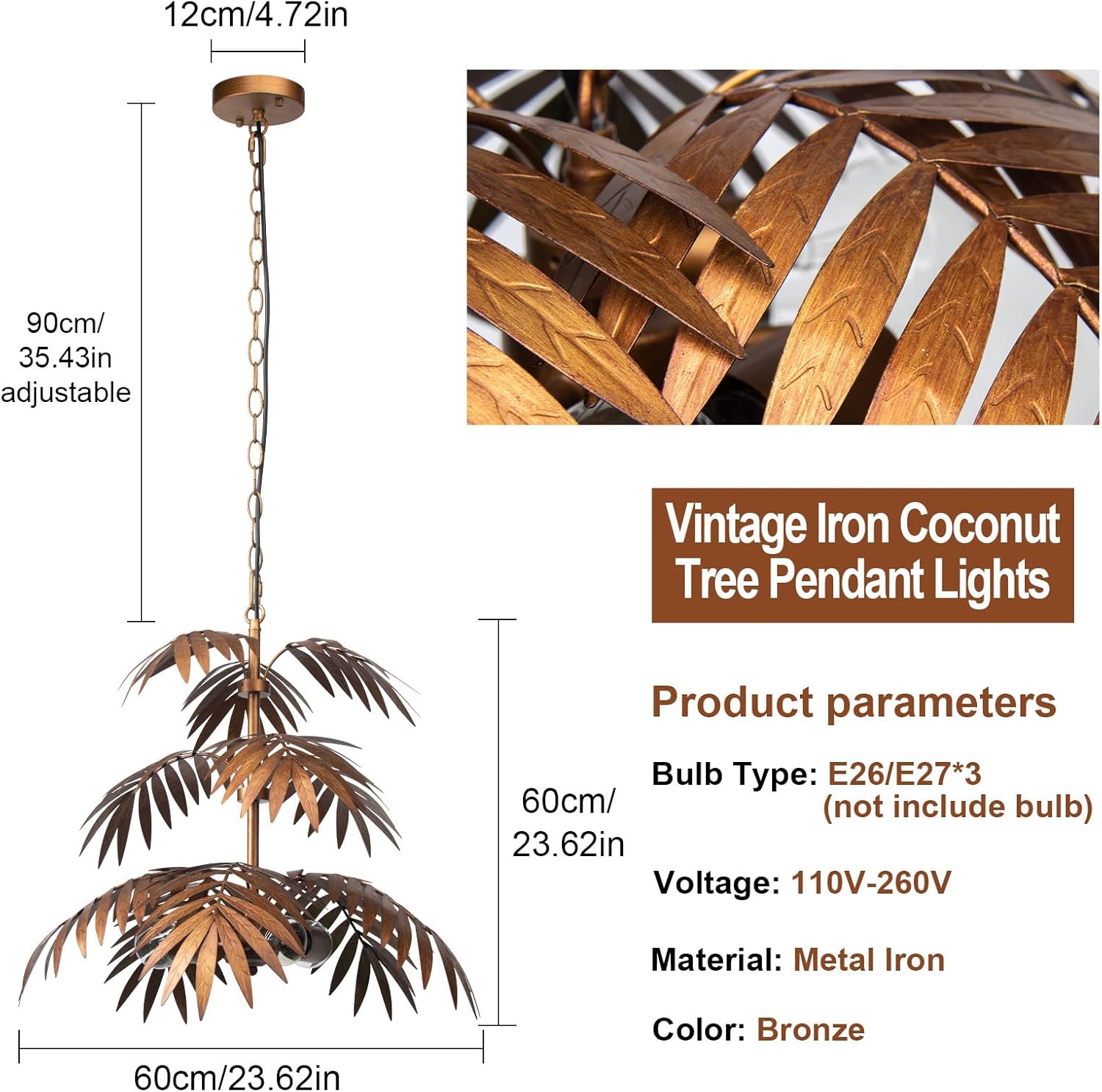 Detalle de JCPYIUL Retro verstellbarer Kokosnussblatt-Kronleuchter – Bronze Vintage Tropenstil