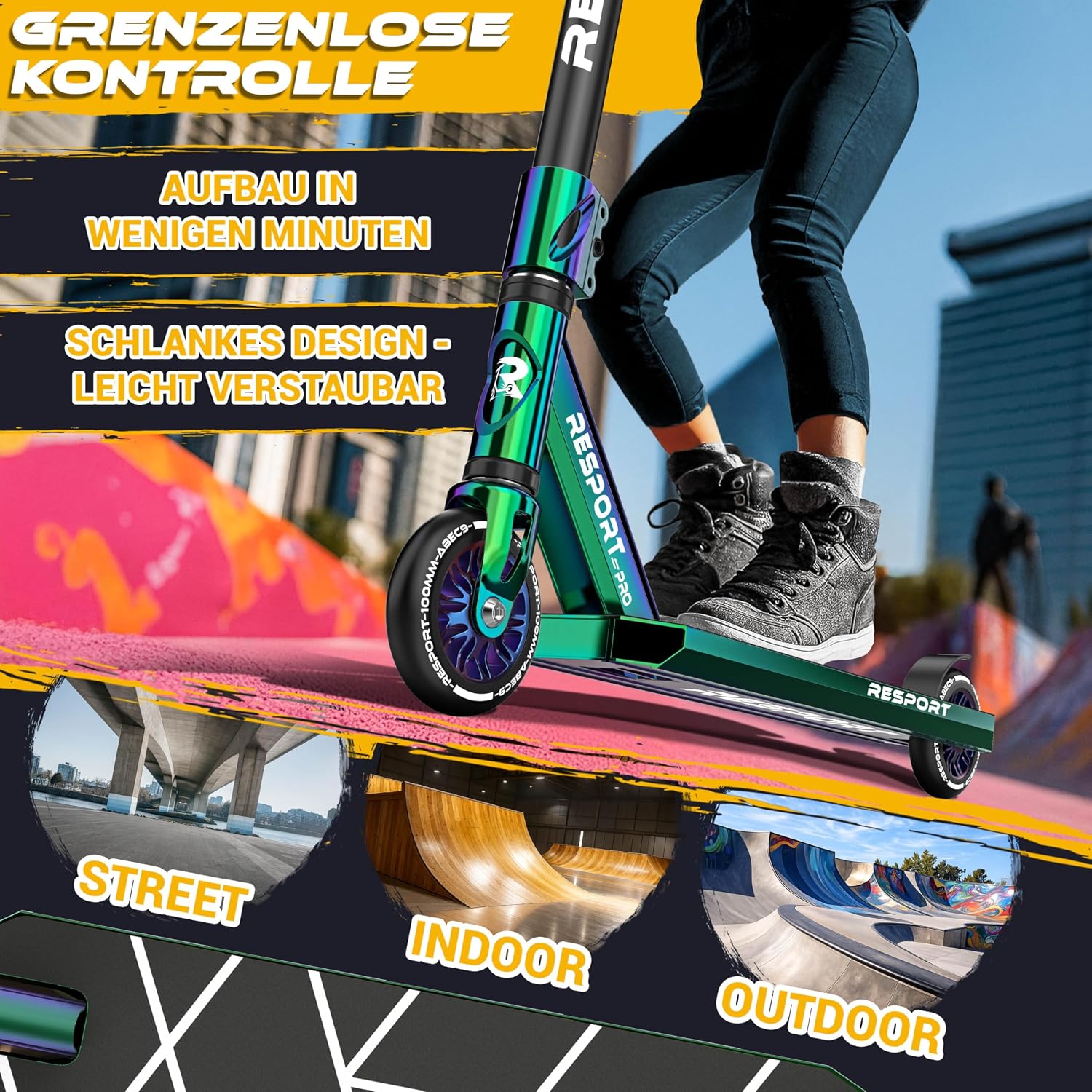 Detalle de RE:SPORT REVO PRO Stunt-Scooter mit Ständer, 110-mm PU Wheels & Y-Bar (ABEC 9, HIC-Kompression)