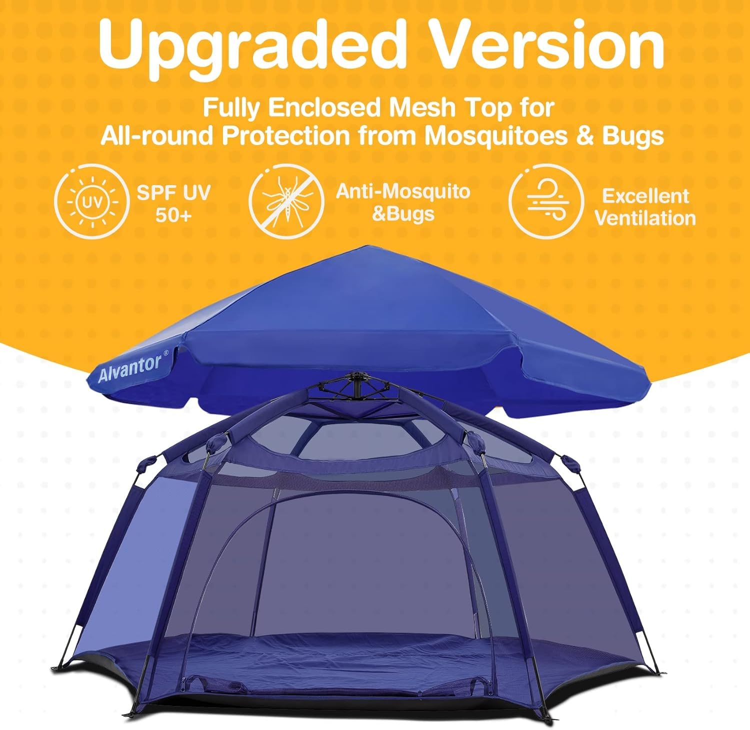 Detalle 2 de Alvantor Baby Playpen Pop Up Play Yard (84x84x44) Large Mesh Kids Play Pen with Canopy, Navy