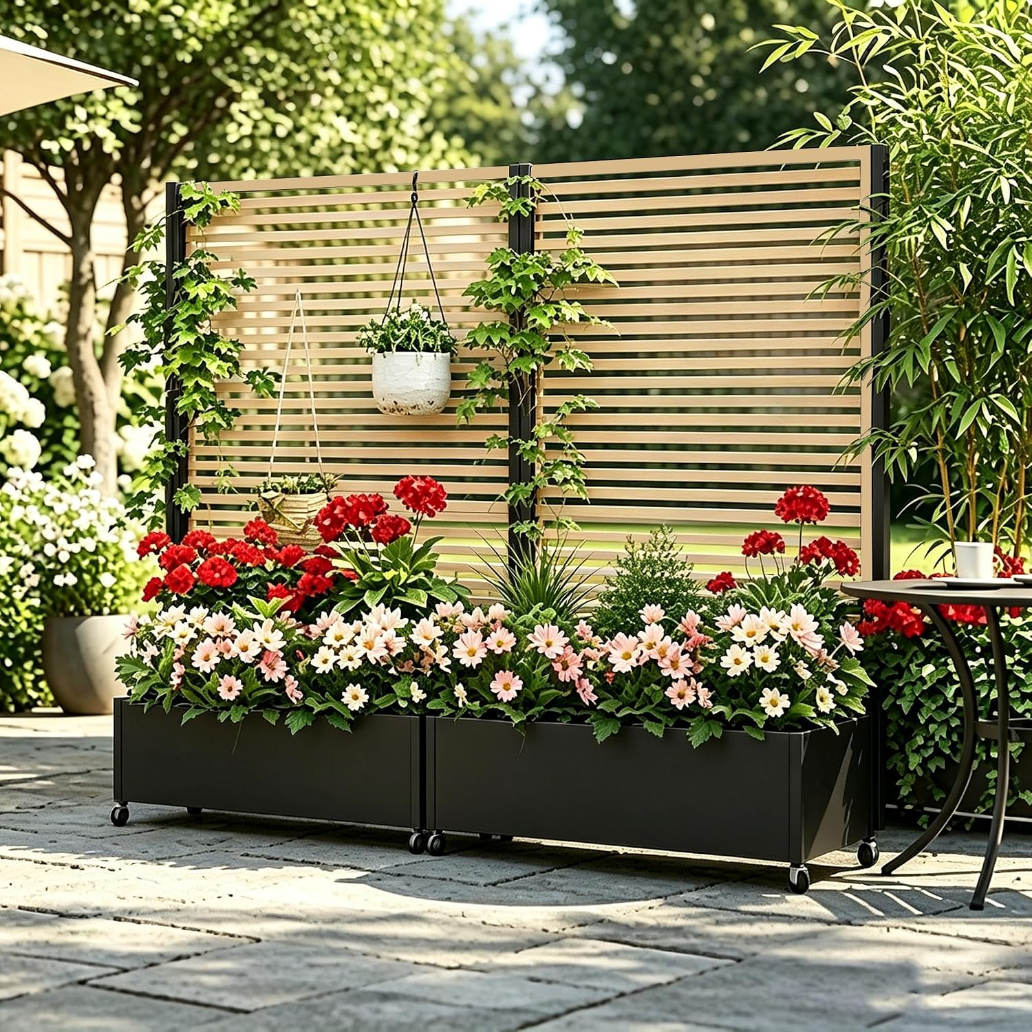 Detalle de Pflanzkasten aus Metall mit Spalier – Hochbeet mit Rädern, wetterfest, freistehender Sichtschutz für Balkon, Terrasse oder Garten