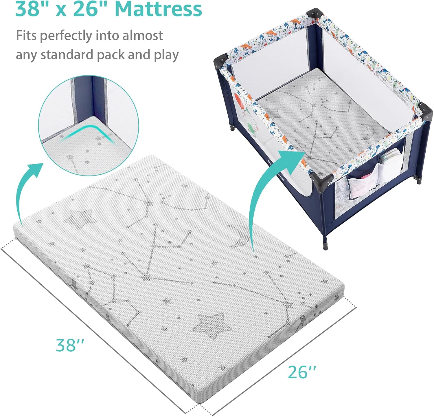 Detalle 2 de YENING Firm Foam Pack and Play Mattress Topper (38"x26"x1") with Washable Cover