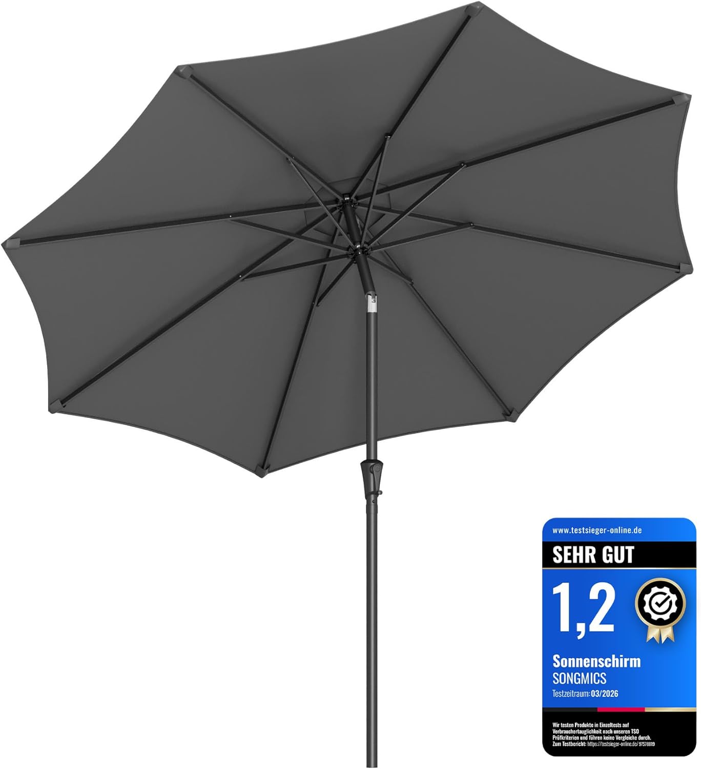 Detalle de SONGMICS Gartenschirm Ø 300 cm GPU30GYV1 – Marktschirm mit Kurbel, UV-Schutz UPF 50+, klappbar, grau