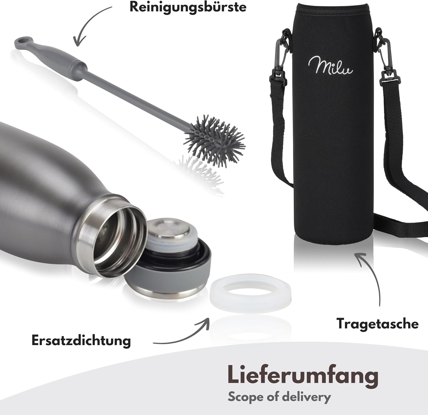 Detalle de Milu Edelstahl Trinkflasche 350 ml–1,5 l: Doppelwandige Isolierung, auslaufsicher, kohlensäuregeeignet