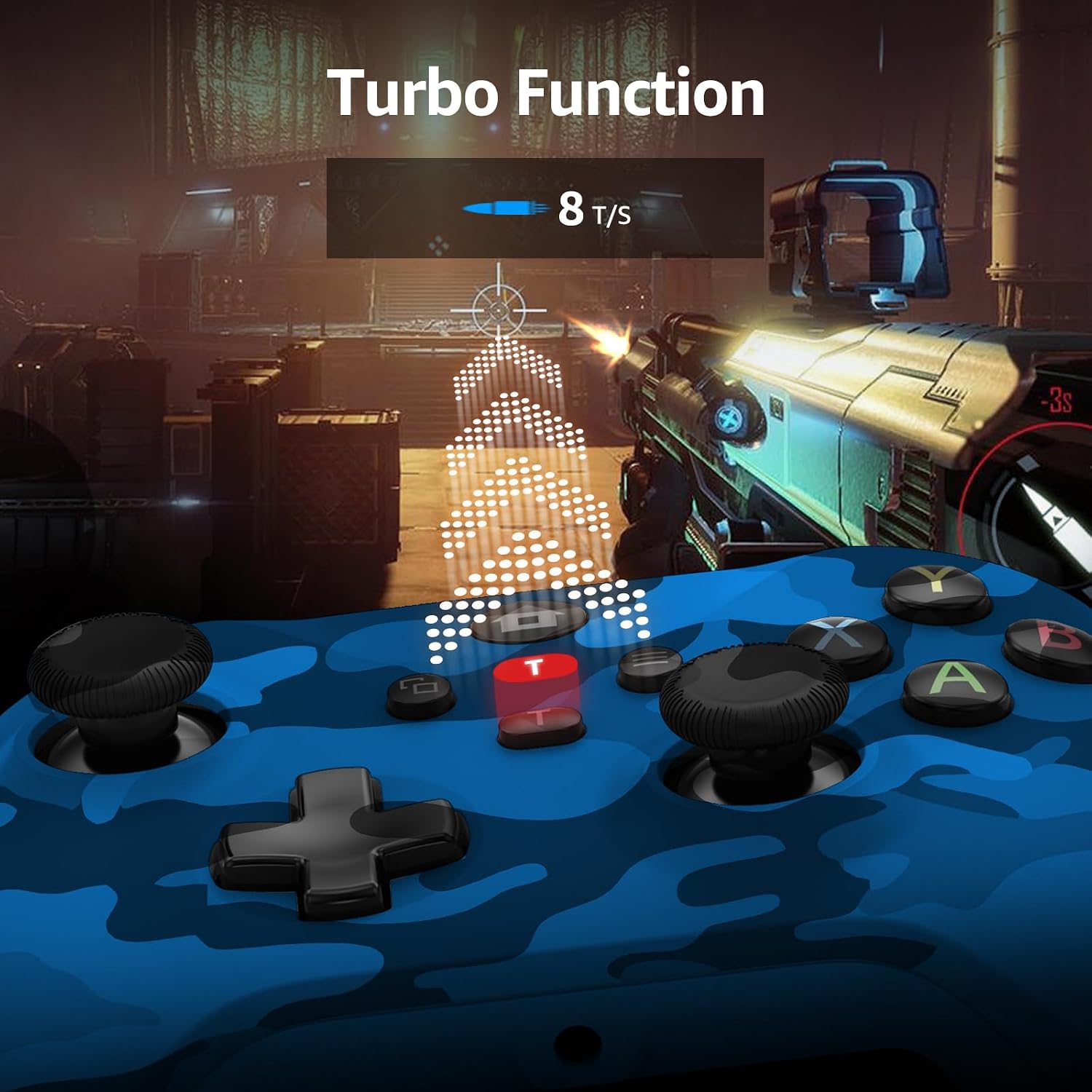 Detalle de GMVOX Wireless Controller, Blue Camo, Hall Effect Controls and 2.4G Adapter