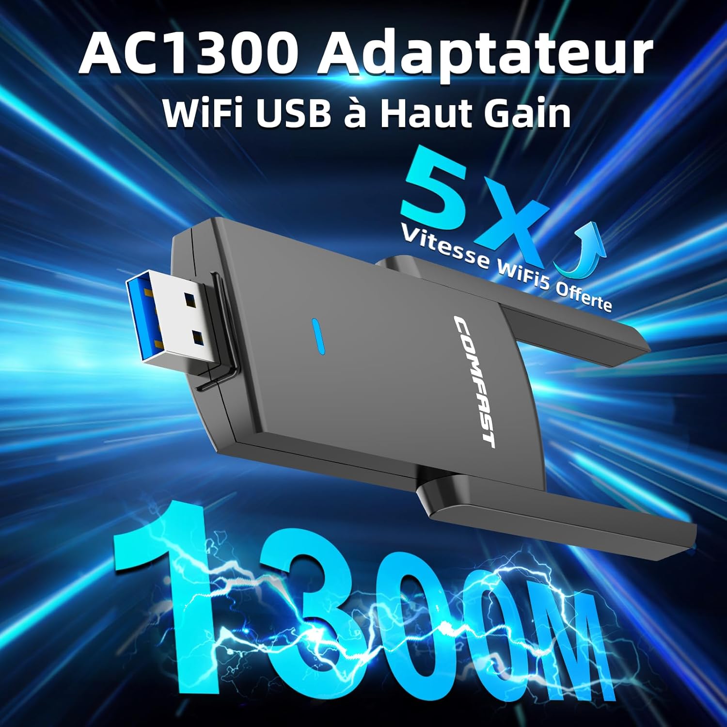 Detalle de COMFAST Clé WiFi Puissante AC1300Mbps (Dual Band) – Dongle USB PCI pour PC, 2,4/5,8 GHz, WPA3