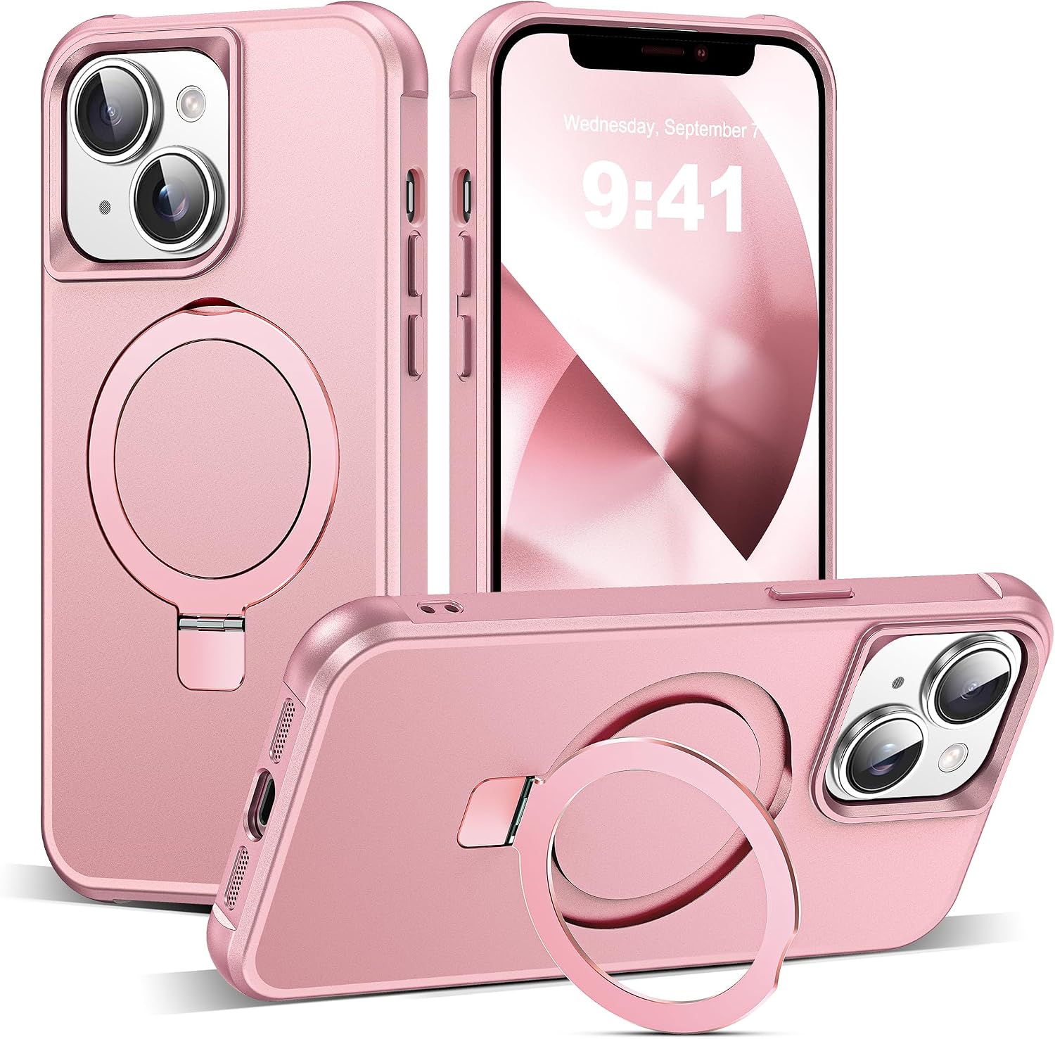 Detalle de SKYLMW Magnetic O-Ring Kickstand Case for iPhone 13 & iPhone 14 (6.1-inch) with Mag-Safe, Rose Gold