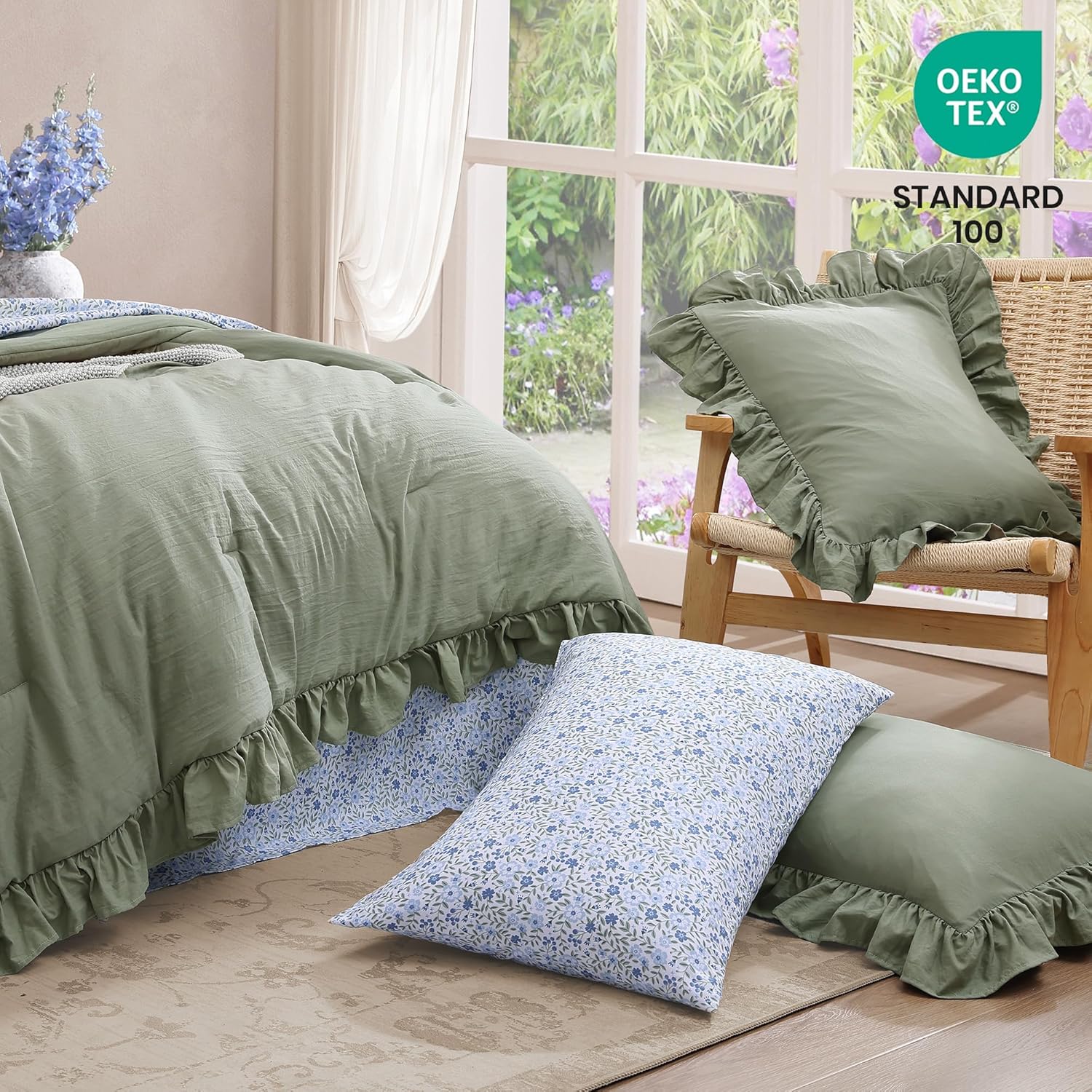 Thumbnail 4 de BLOOMHAVEN Queen Comforter Set - 7 Pieces, Ruffle Sage Green with Floral Sheets