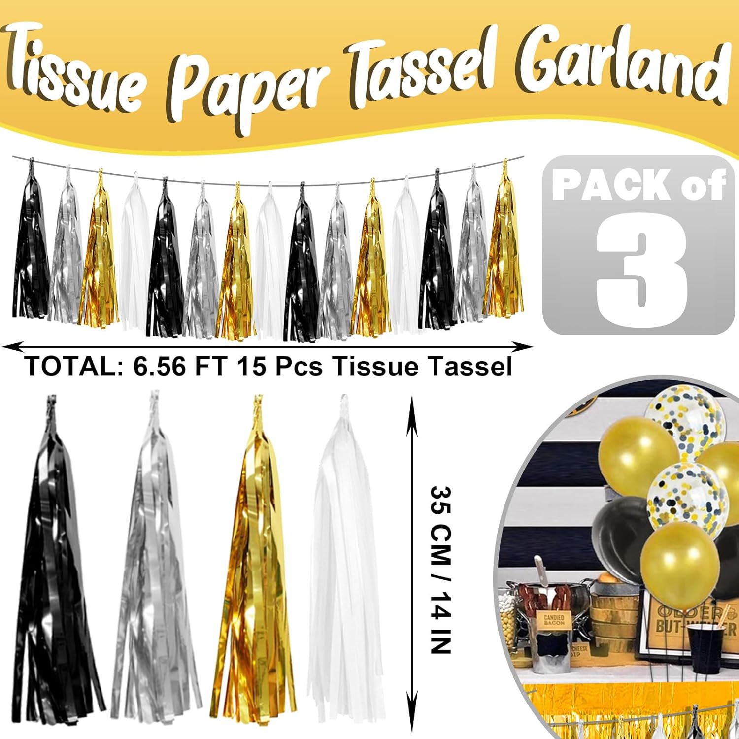 Thumbnail 1 de 3P Black Gold Silver Foil Fringe Metallic Tassel Garland (29.5 ft, Pre-strung Tassels for Parties)
