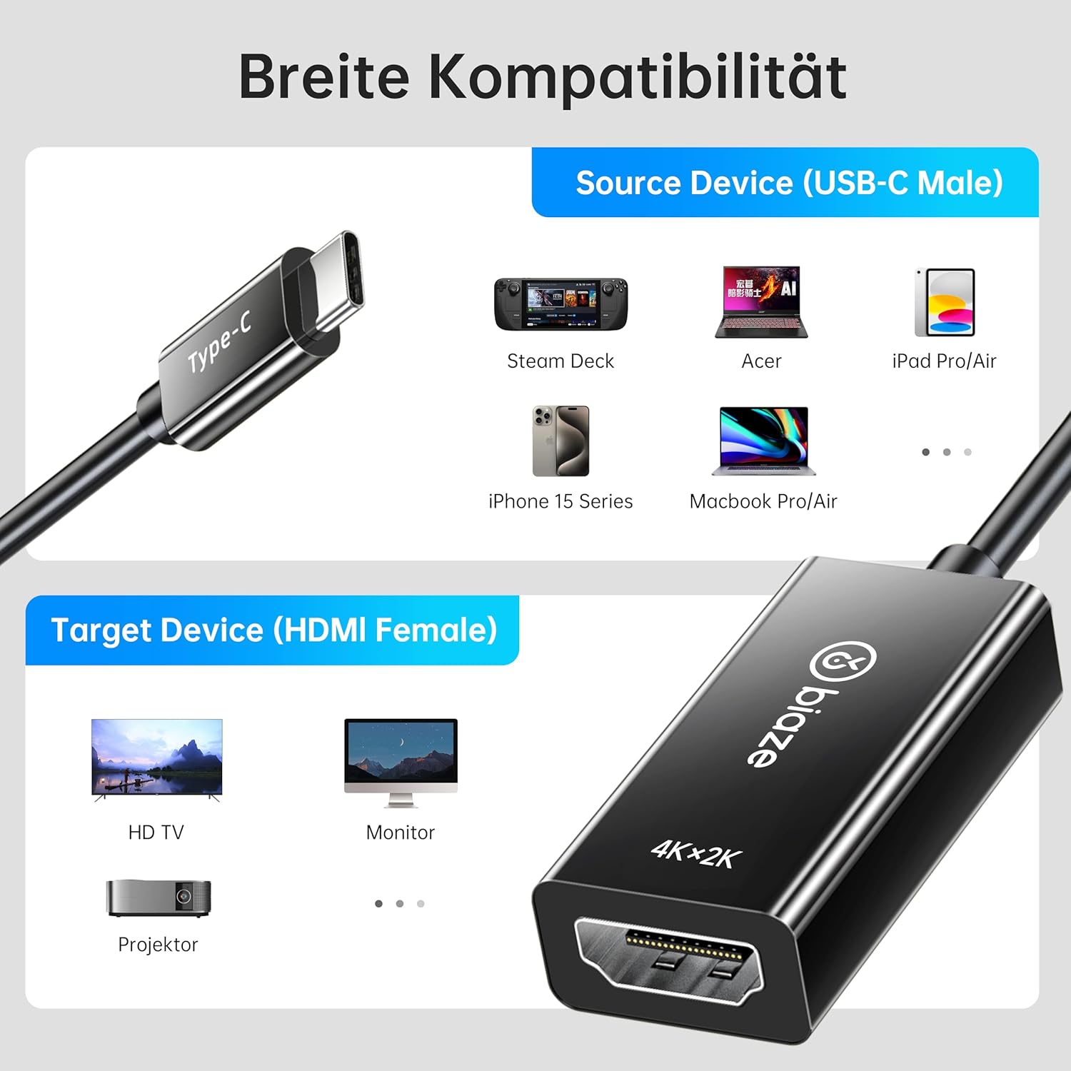 Thumbnail 4 de biaze ZH92 USB-C zu HDMI Adapter – 4K/ HDR, Plug & Play für Laptop, PC, TV & Monitor