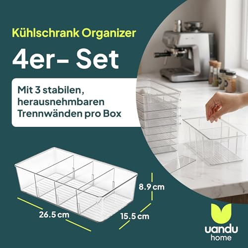 Detalle de uandu Kühlschrank Organizer 4er Set mit 4 Fächern – flexibel, transparent und BPA-frei