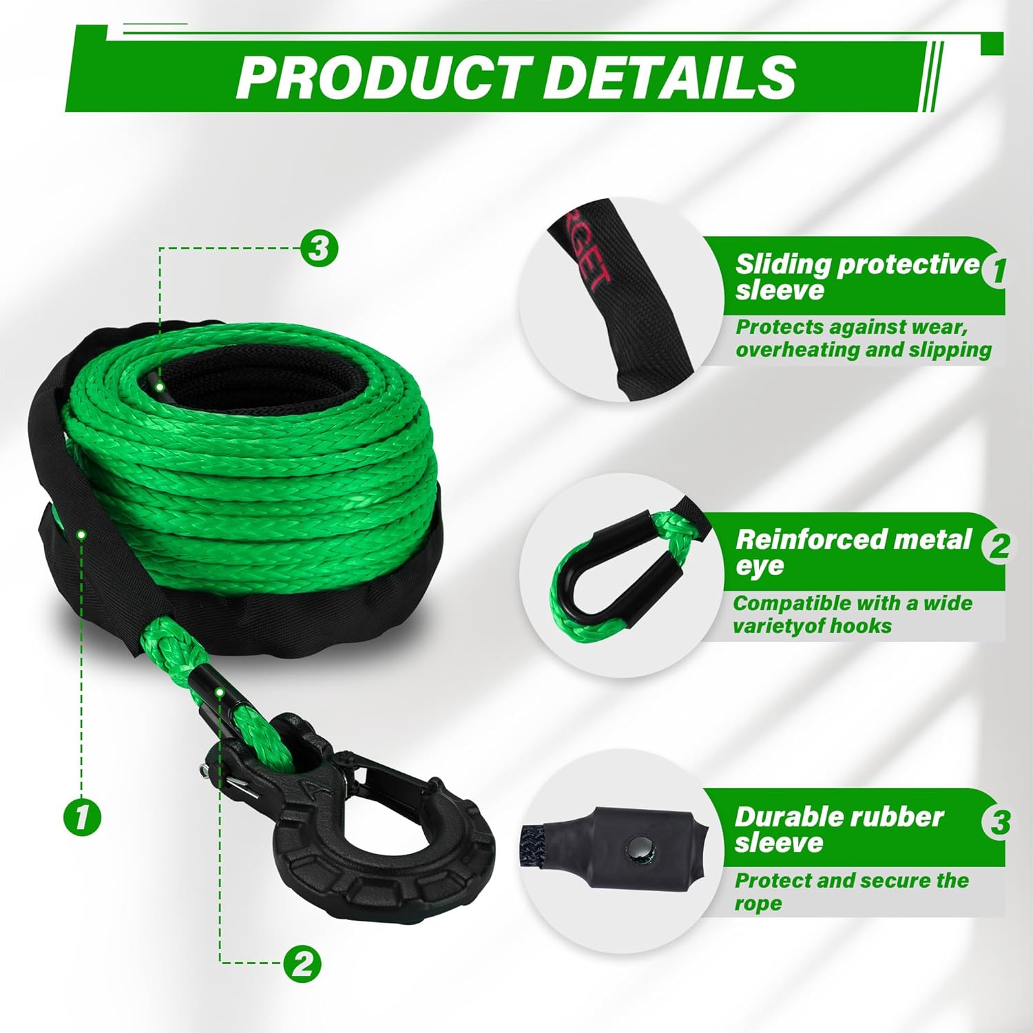 Thumbnail 3 de TYT Synthetic Winch Rope 3/8" x 92' with Hook — 27,000 lbs Break Strength, Includes Protective Sleeve