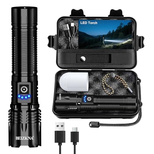 Detalle de Beizkna Torches LED Super Bright USB Rechargeable 50000L — Tactical 1200m Beam, 5 Modes