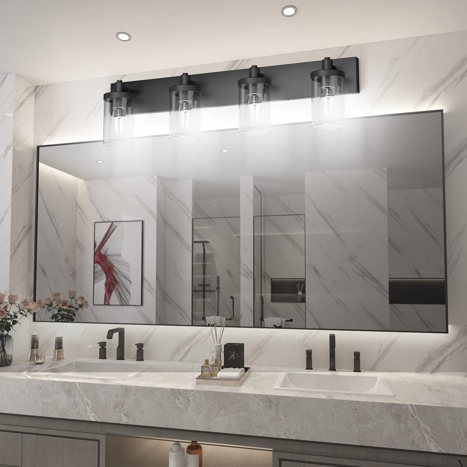Detalle 2 de Aipsun 1136 4-Light Bathroom Vanity Light, Matte Black with Clear Glass