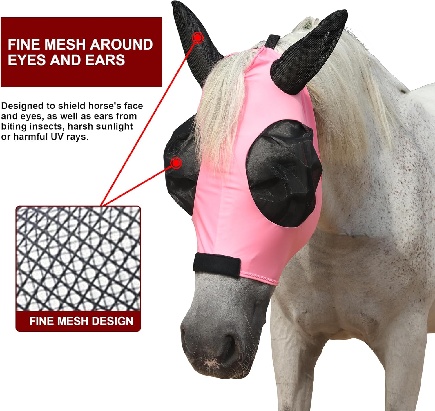 Detalle de Leberna Horse Fly Mask with Ears – Smooth, Elastic, UV Protected (Pink, Cob)
