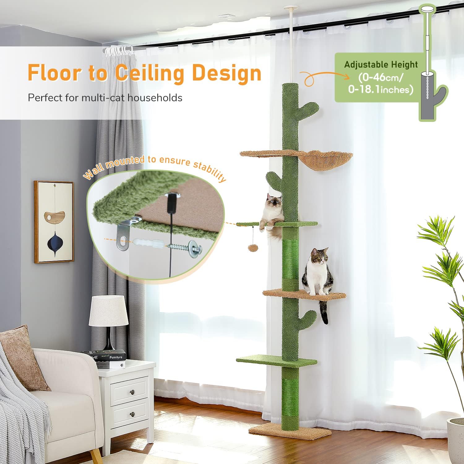 Thumbnail 5 de PAWZ Road Cactus Cat Tree Floor to Ceiling Tower (239-275cm) – 5-Tier Activity Centre with Hammock and Scratching Post