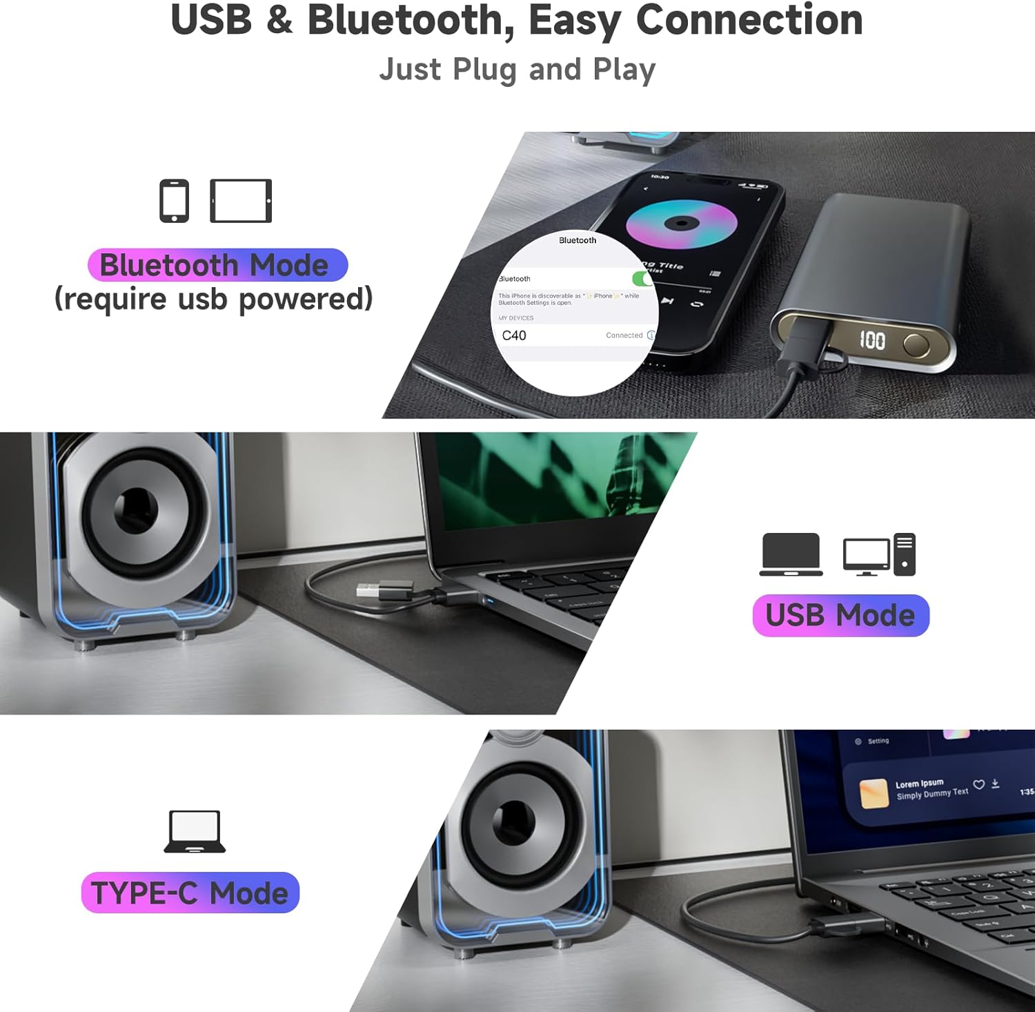 Detalle de SOULION 2.0 Computer Speakers: Compact 10W USB-Bluetooth Desktop Soundbar with LED Modes