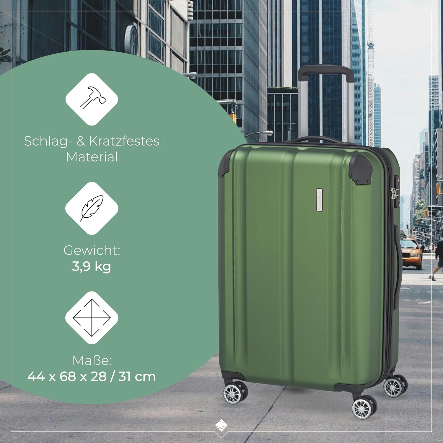 Detalle de Travelite Hartschalenkoffer „Hartschalenkoffer mittelgroß“ mit Dehnfalte, 4 Rollen und TSA-Schloss (68 cm, 78–86 Liter)