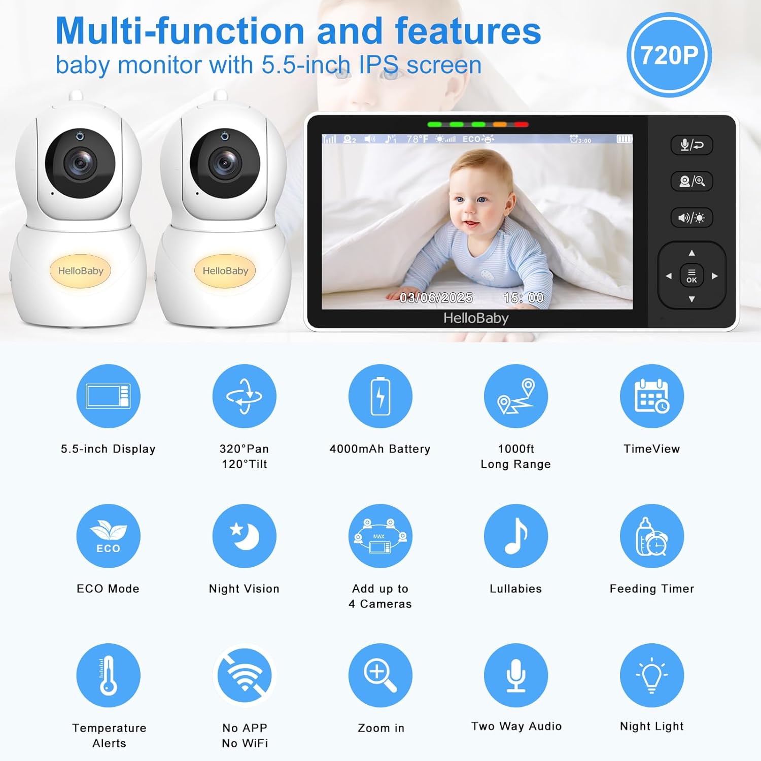 Thumbnail 1 de HelloBaby Baby Monitor 1080P, 2‑Camera, 5.5″ Split‑Screen