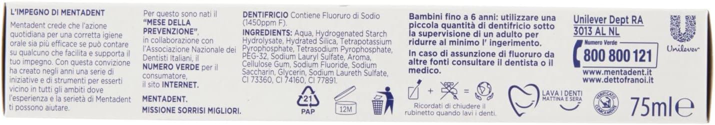 Detalle de Mentadent Protezione Famiglia Dentifricio Denti Sani e Forti 75ml – confezione da 5