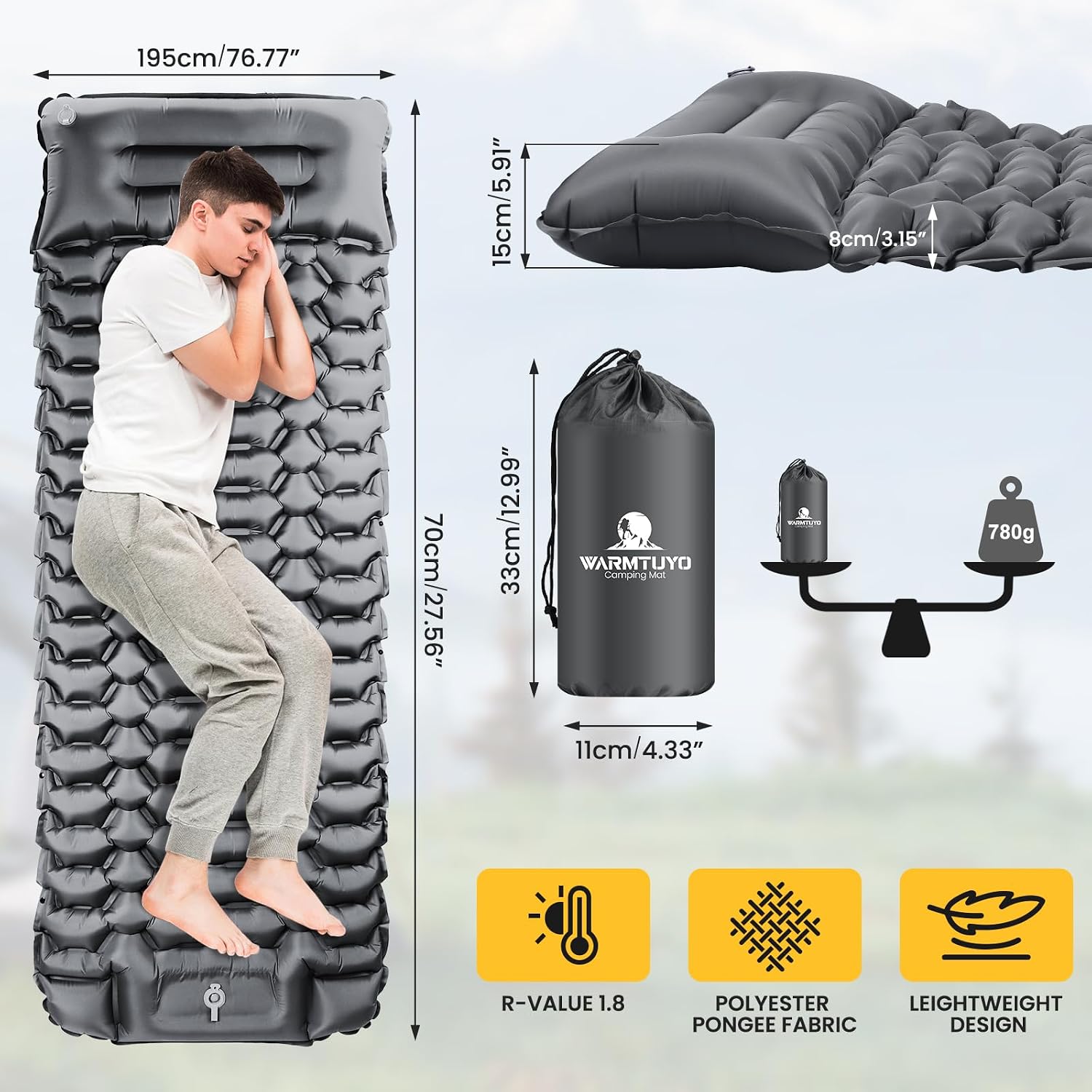 Thumbnail 5 de WARMTUYO Isomatte 8 cm Camping Luftmatratze