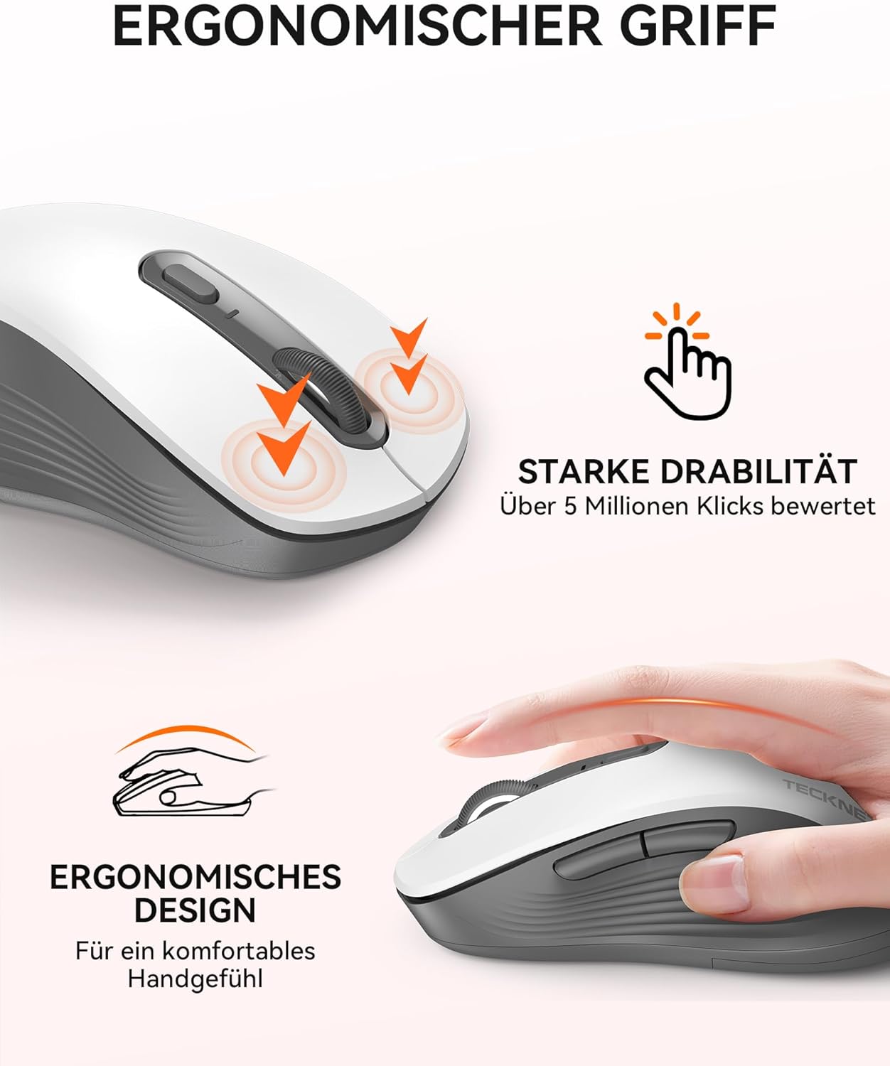 Detalle de TECKNET Bluetooth Maus Tri-Modus (BT 5.0/3.0 + 2,4 GHz) 4800 DPI, 6 Tasten, leise Klicks – Kabellos für PC/Laptop/Mac/Tablet