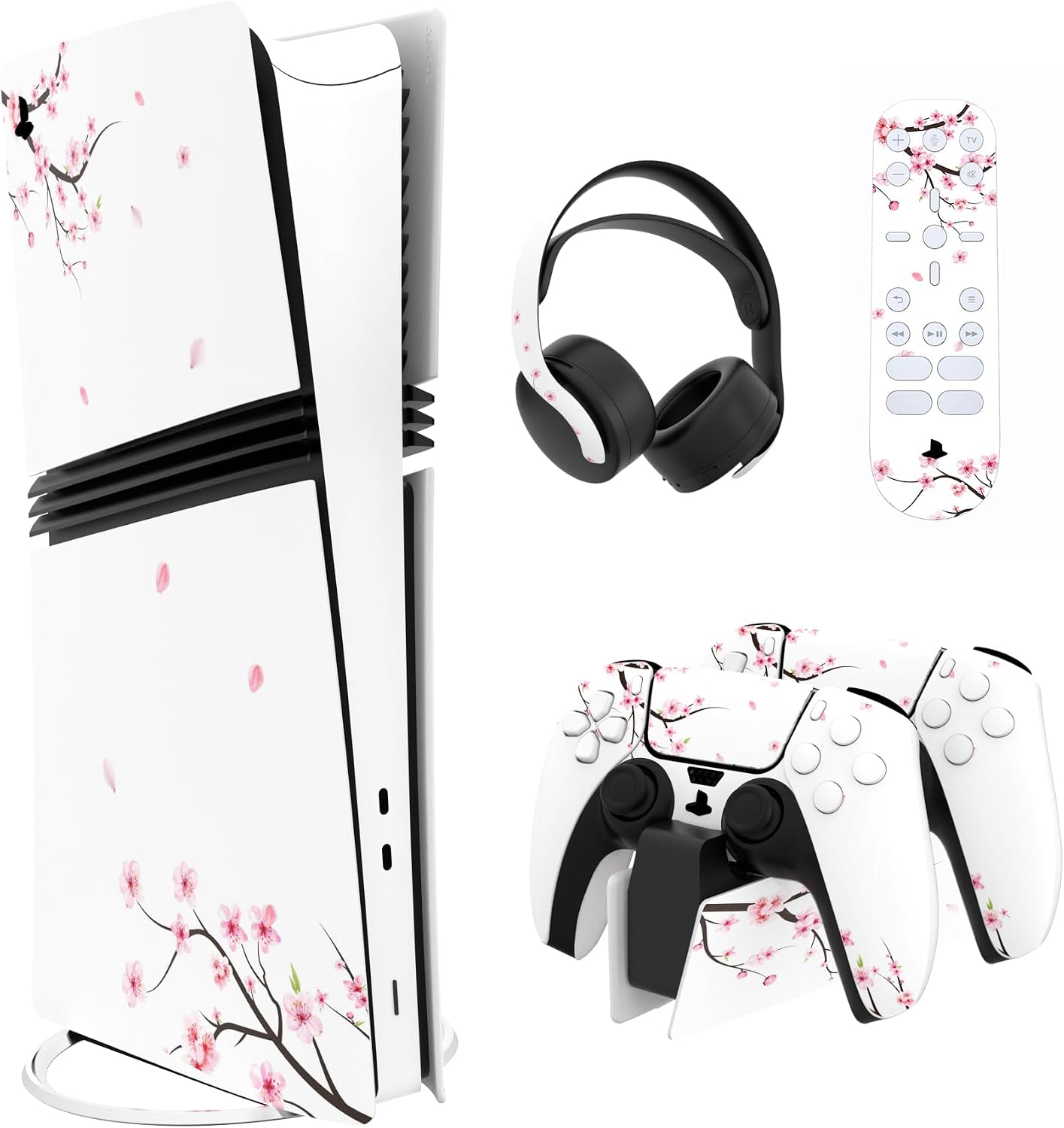 Detalle de Playvital Full Set Skin Stickers for PS5 Pro — Vinyl decal wrap set for console, controller, headset & more (Falling Cherry Blossom)
