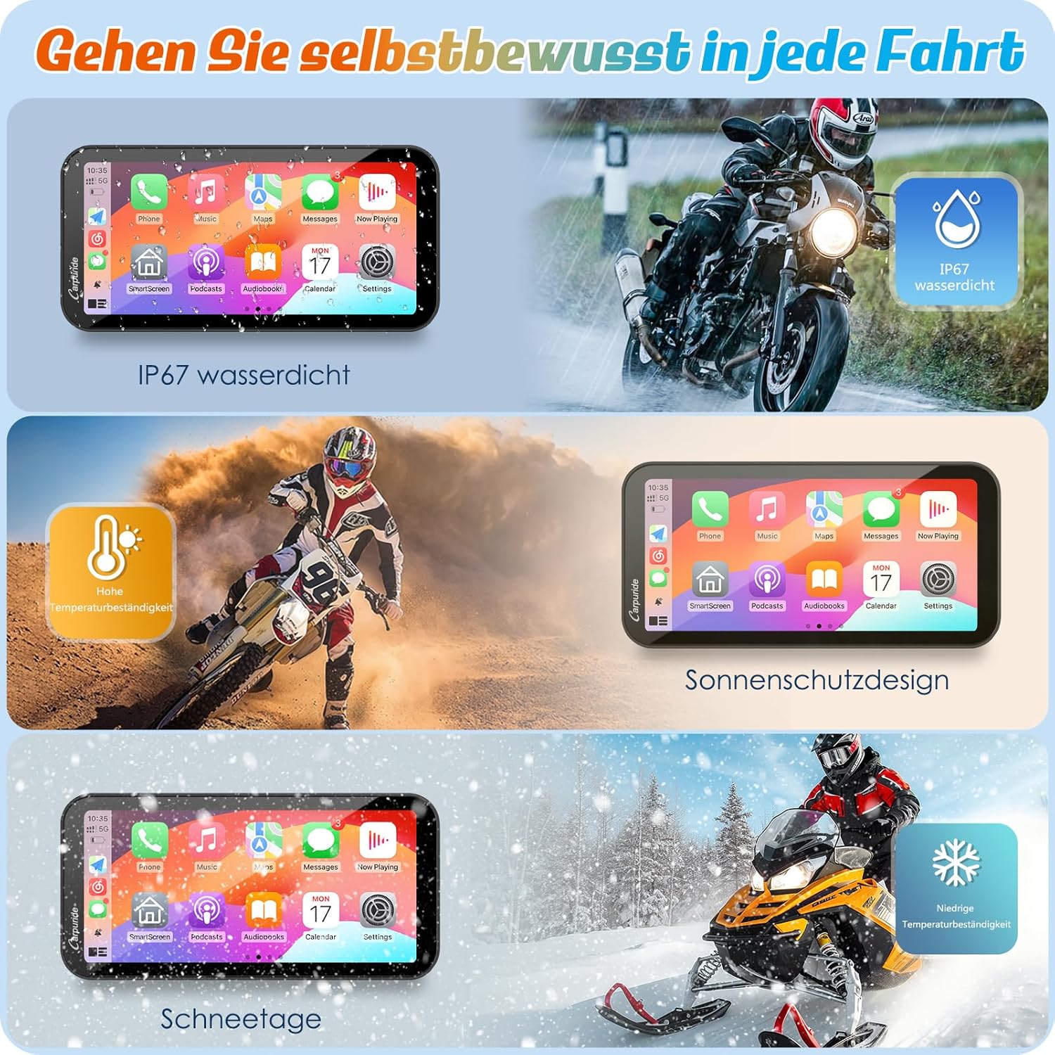 Thumbnail 5 de Carpuride W603 Motorrad-CarPlay-Bildschirm mit kabellosem CarPlay/Android Auto, 6,3" Touchscreen & IP67