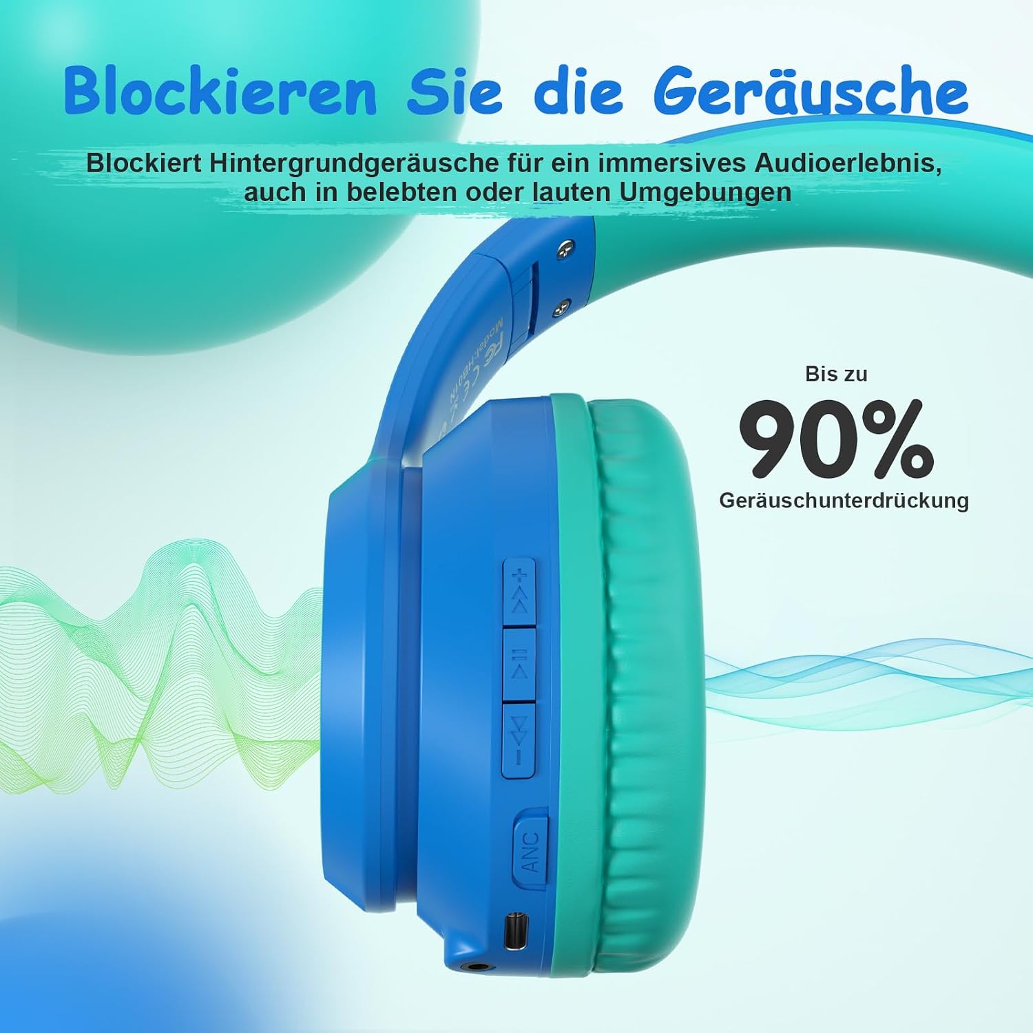 Thumbnail 3 de Tonoshark Kinder Bluetooth Over-Ear Kopfhörer mit Noise Cancelling – 60h Spielzeit, Mikrofon & Tragetasche (Dunkelblau)
