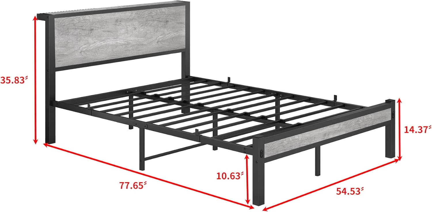 Thumbnail 1 de DUMEE Double Bed Frame with Wooden Storage Shelf Headboard and Metal Platform – Black/Grey Oak