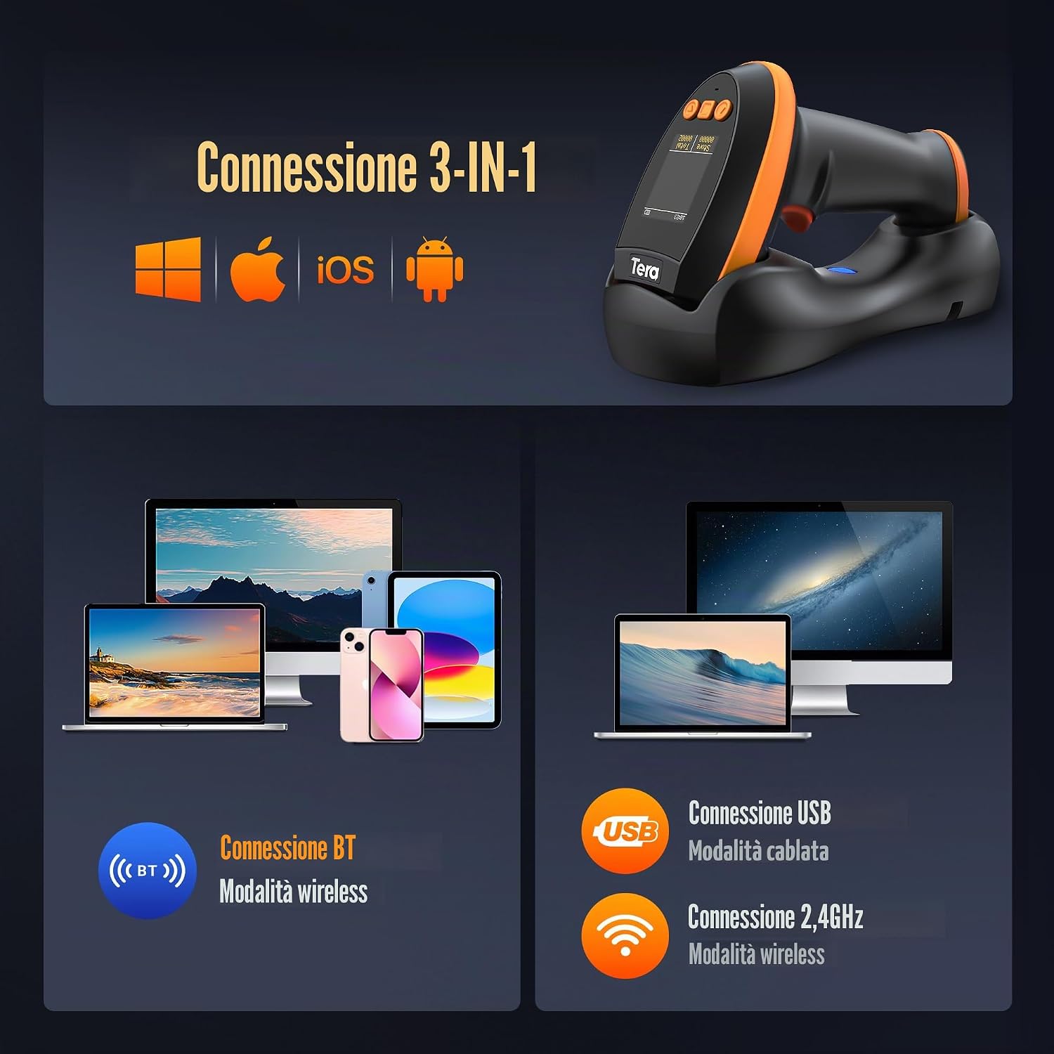 Detalle de Tera Barcode Scanner 2D HW0009: lettore wireless con display, 3 tasti e base di ricarica