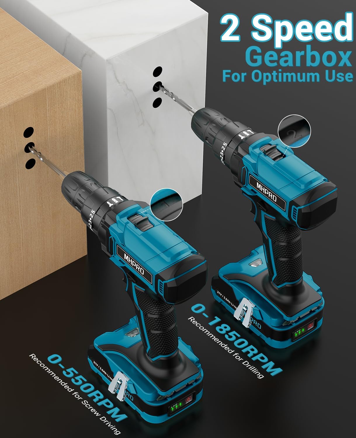 Detalle de Trapano Avvitatore a Batteria 21V MHPRO con 2 Batterie da 2,0Ah – 42Nm, 2 Velocità, 14 Accessori