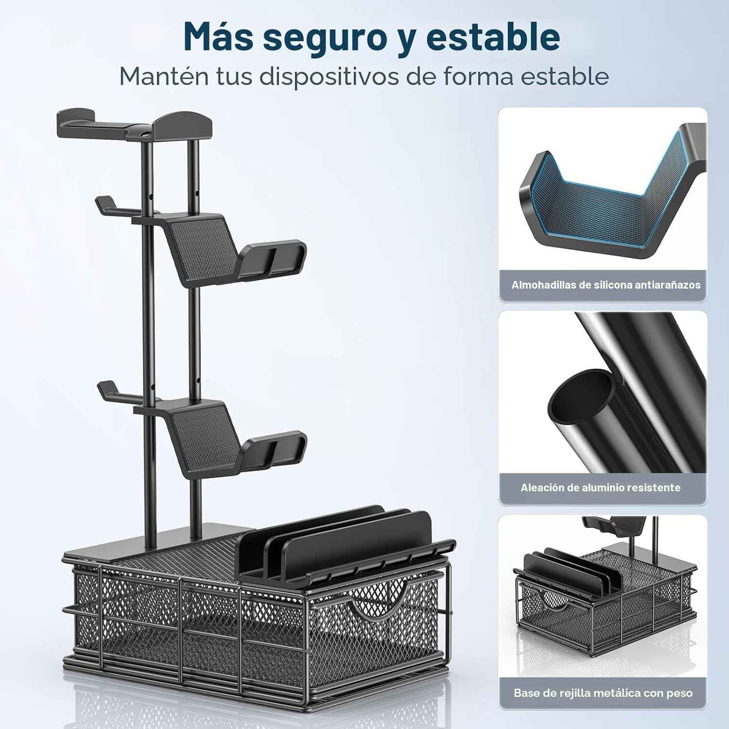 Detalle de KDD Soporte Auriculares Gaming con Cajón y Organizador de Cables – Barra de Aluminio, 2 Mandos y USB/Dispositivos