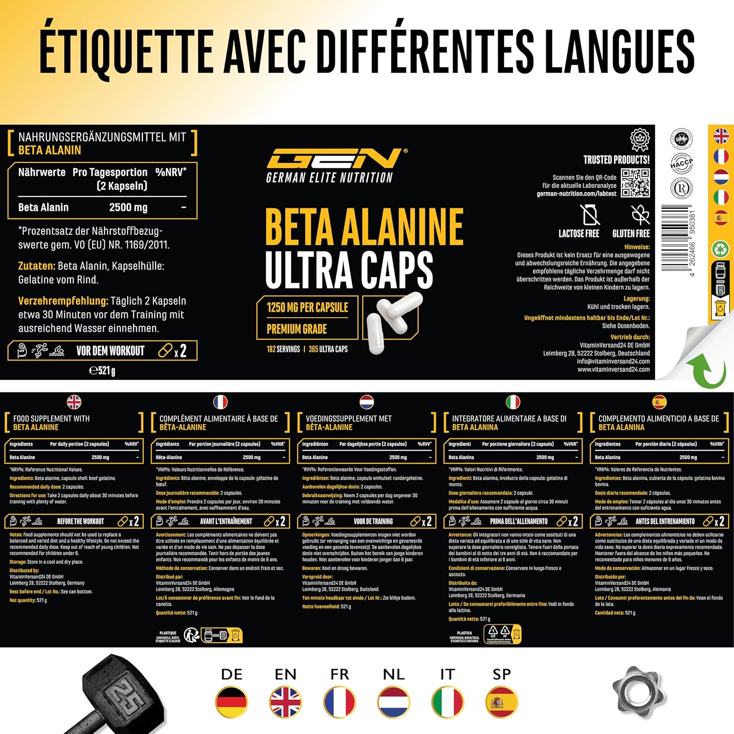 Detalle 2 de GEN German Elite Nutrition Bêta Alanine Ultra Caps — 365 capsules dosées à 1250 mg