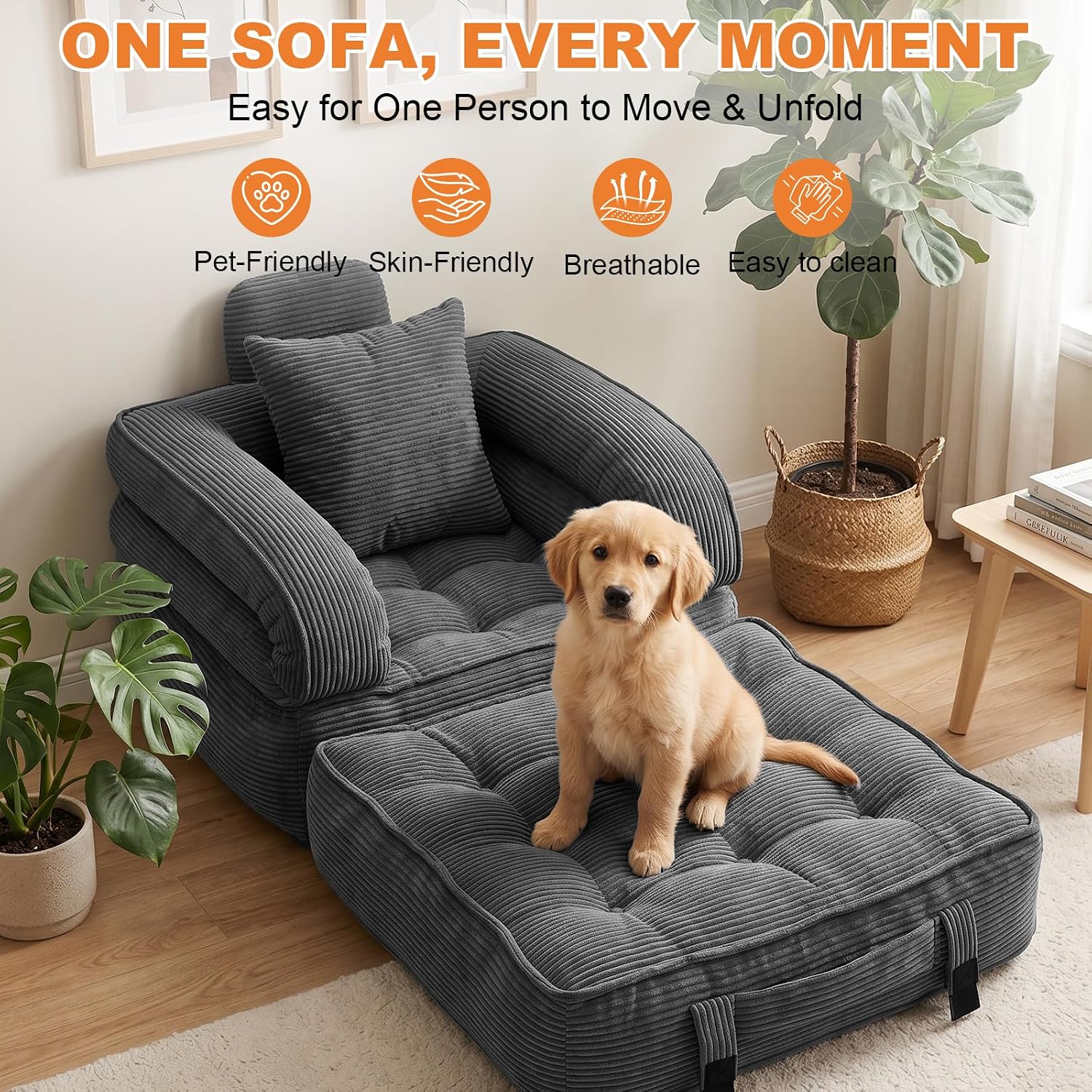 Detalle de CUBIOU Y8022-Dark Gray Convertible Sofa Bed, 3-in-1 Corduroy Floor Chair