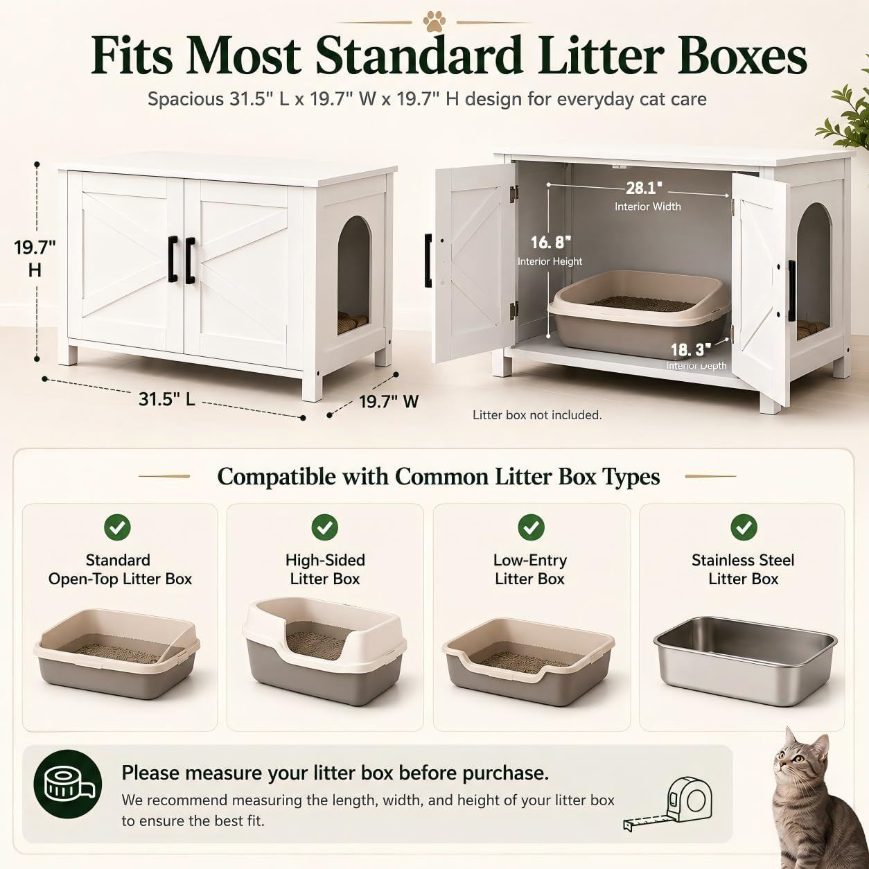 Detalle 1 de Homhedy 31.5-Inch Cat Litter Box Enclosure with Barn Door, White