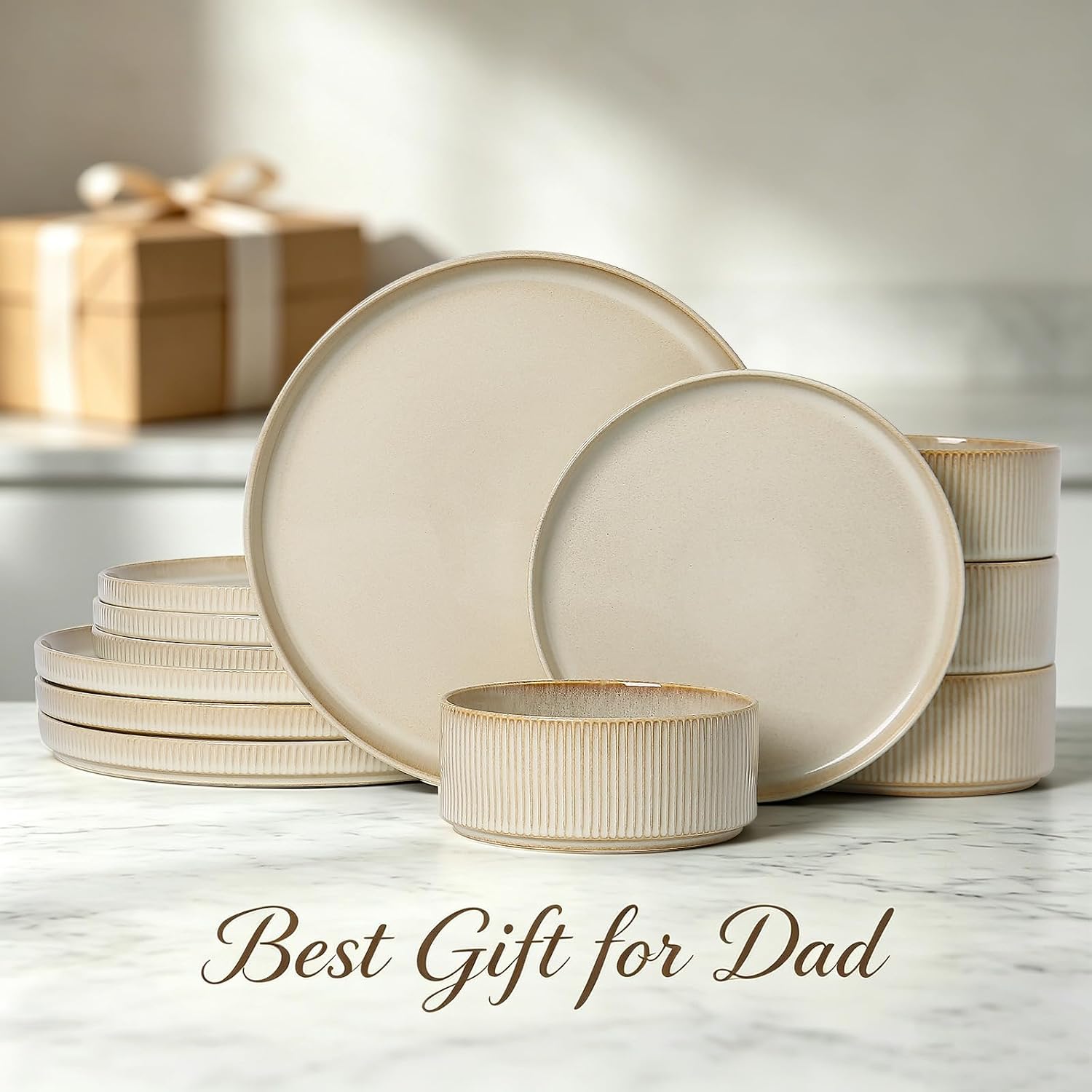 Thumbnail 4 de ALOFMO Stoneware Dinnerware Sets — 12-Piece Ribbed Dinnerware for 4 in Beige
