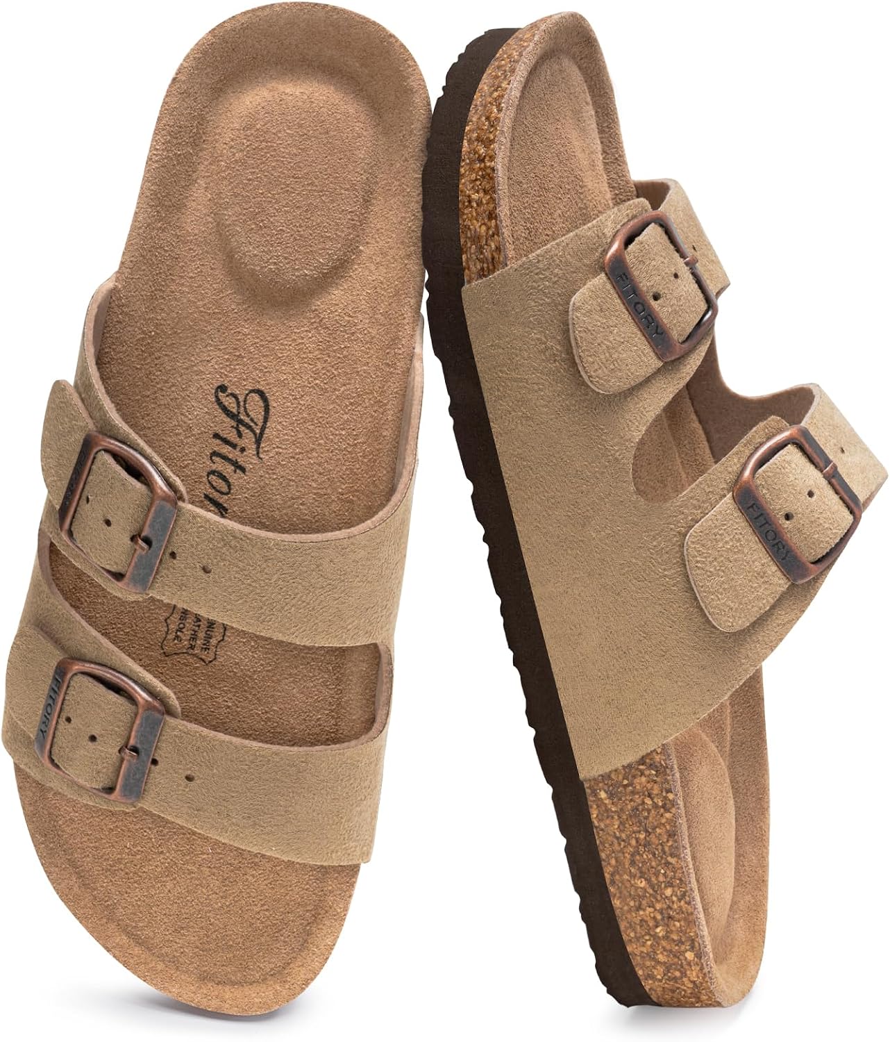 Detalle de FITORY Damen Pantoletten mit Kork-Fußbett – Verstellbare Riemen, Leder, bequeme Sommerschlappen