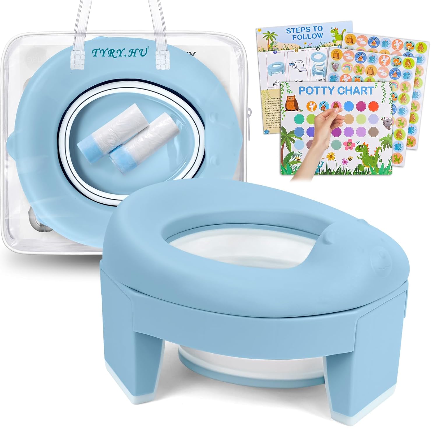 Detalle de Kinder-Toilettensitz 3-in-1 Reise-Töpfchen (blau) – faltbar, tragbar und mit Einweg-Einsätzen