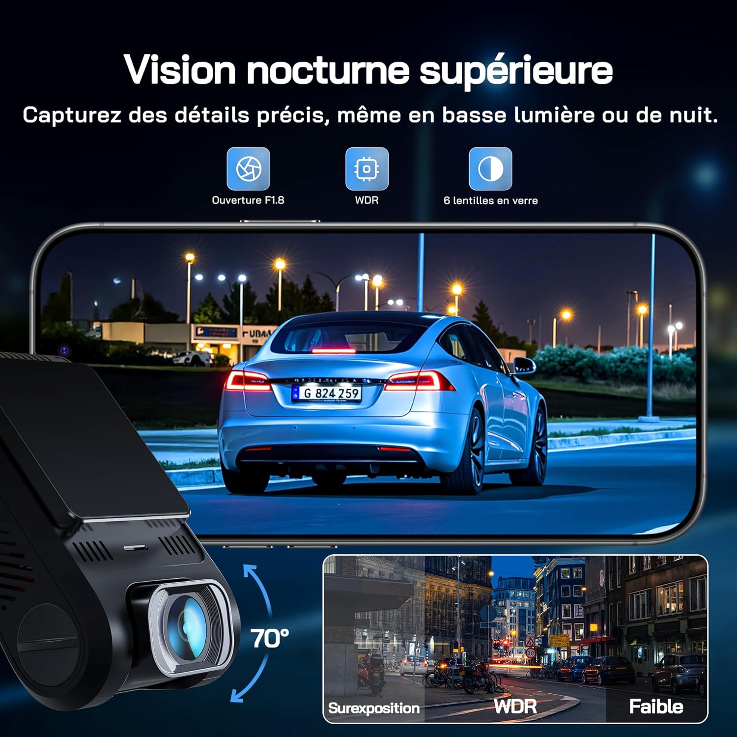 Thumbnail 4 de WOLFANG Dashcam Voiture 2,5K Wi‑Fi avec carte microSD 32G, capteur G et mode stationnement 24 h