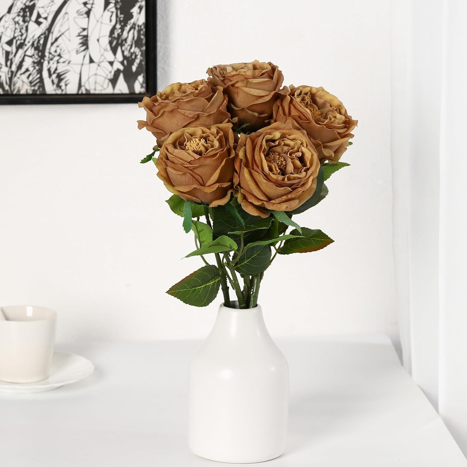Thumbnail 3 de DuHouse 5 pack Real Touch silk roses with stems (fake coffee roses) for wedding, party and home décor