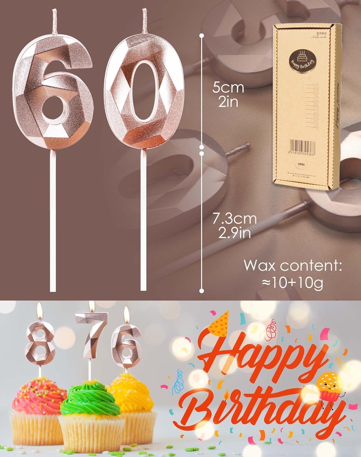 Thumbnail 2 de Rose Gold 55th Birthday Candles for Cake (Number 55) – 3D Diamond-Style Topper