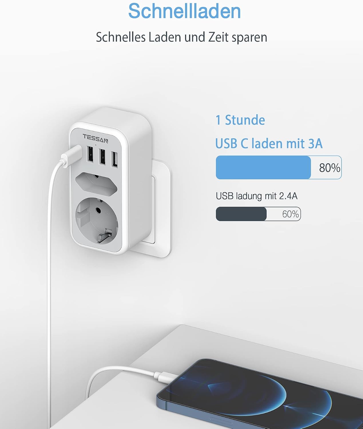 Thumbnail 2 de TESSAN USB-C-wandcontactdoos met 2 stopcontacten en 4 USB-poorten