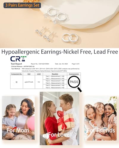 Detalle 2 de Halora Silver Earrings for Women: 8 Styles in 3-Pair Sets – 925 Sterling Silver Hypoallergenic Studs & Hoops