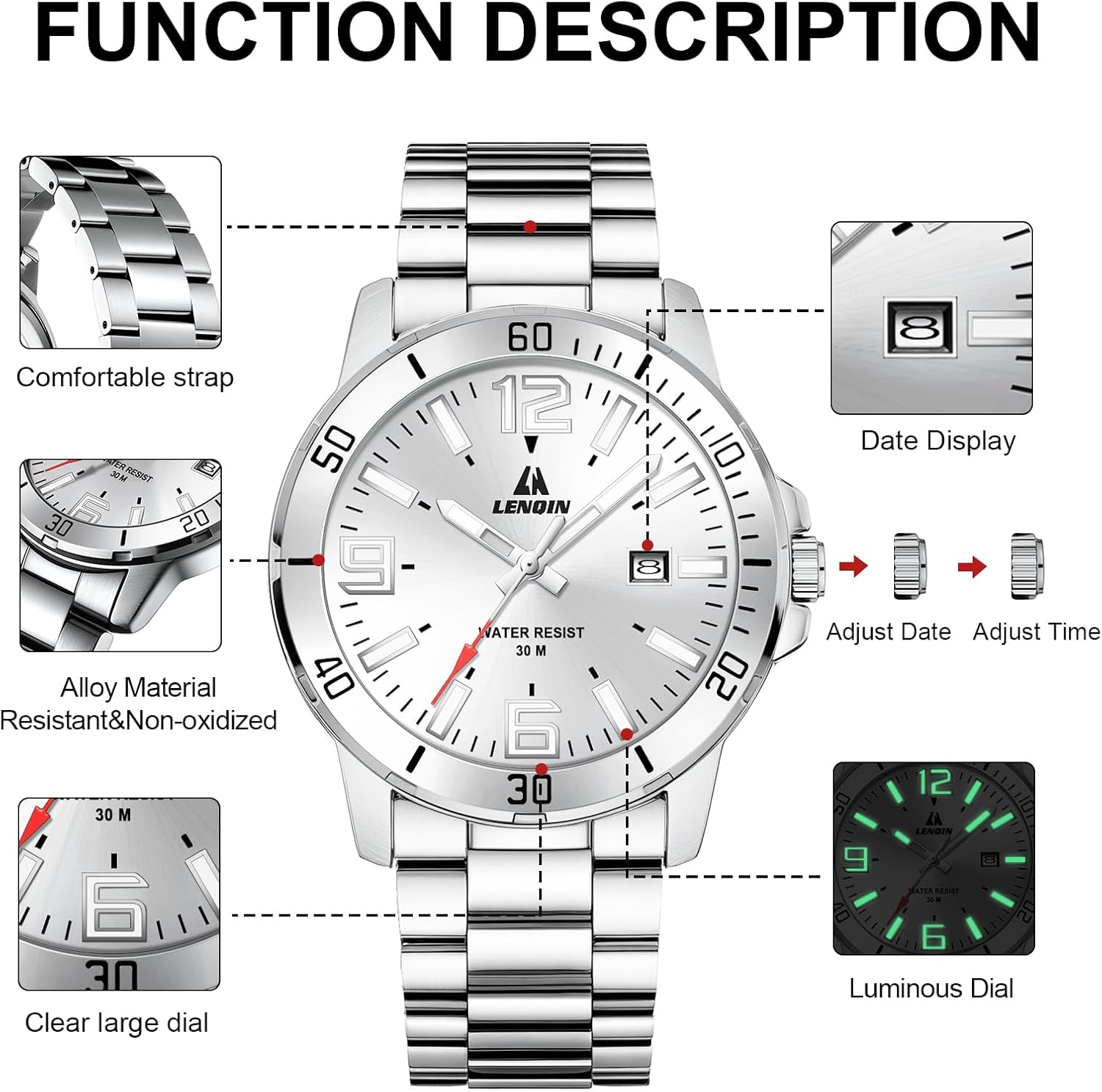 Detalle 2 de LN LENQIN Herrenarmbanduhr aus Edelstahl mit Quarz, Analog-Anzeige, Datum und 3-ATM-Schutz