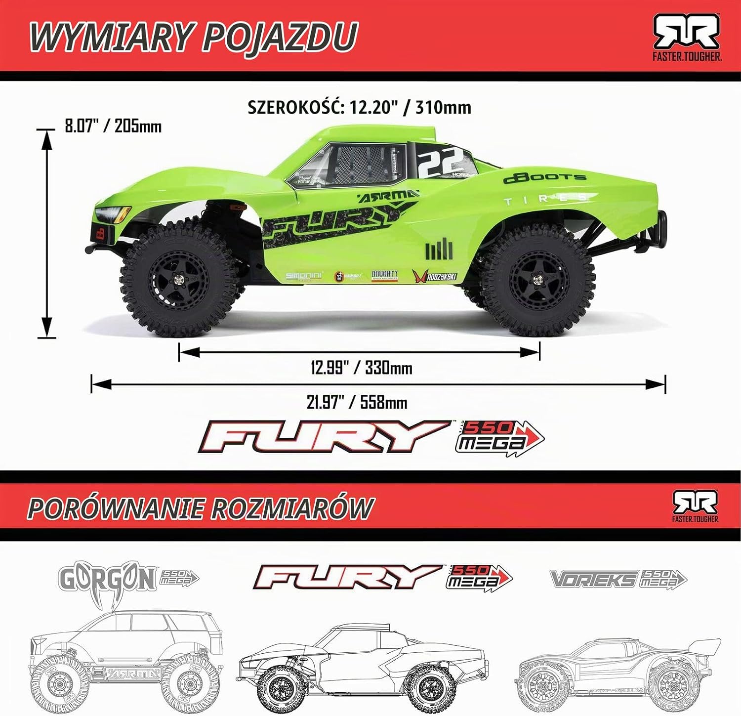 Detalle de ARRMA Fury MEGA 550 2WD ARA3221T1 – samochód RC Short Course 1/10, zielony