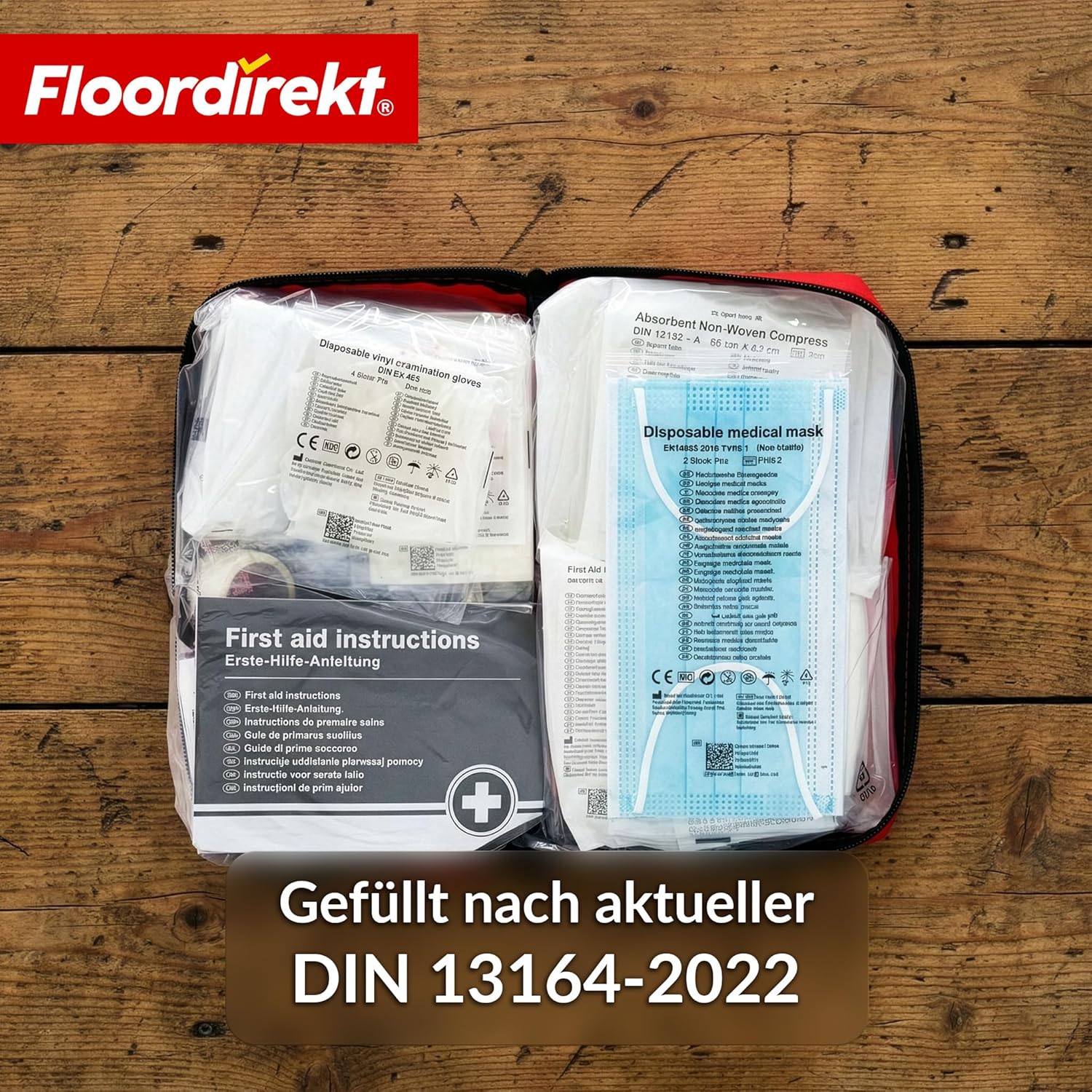 Detalle de Floordirekt KFZ-Verbandtasche inkl. 2 Masken – Erste-Hilfe-Set DIN 13164, kompakt & sicher